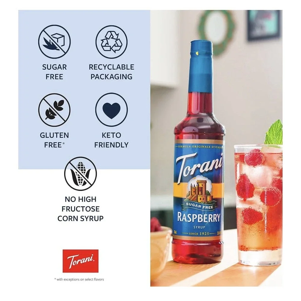 Torani Sugar Free Raspberry Syrup 25.4 oz 750ml 2 Bottles Keto Gluten Free 0 Cal
